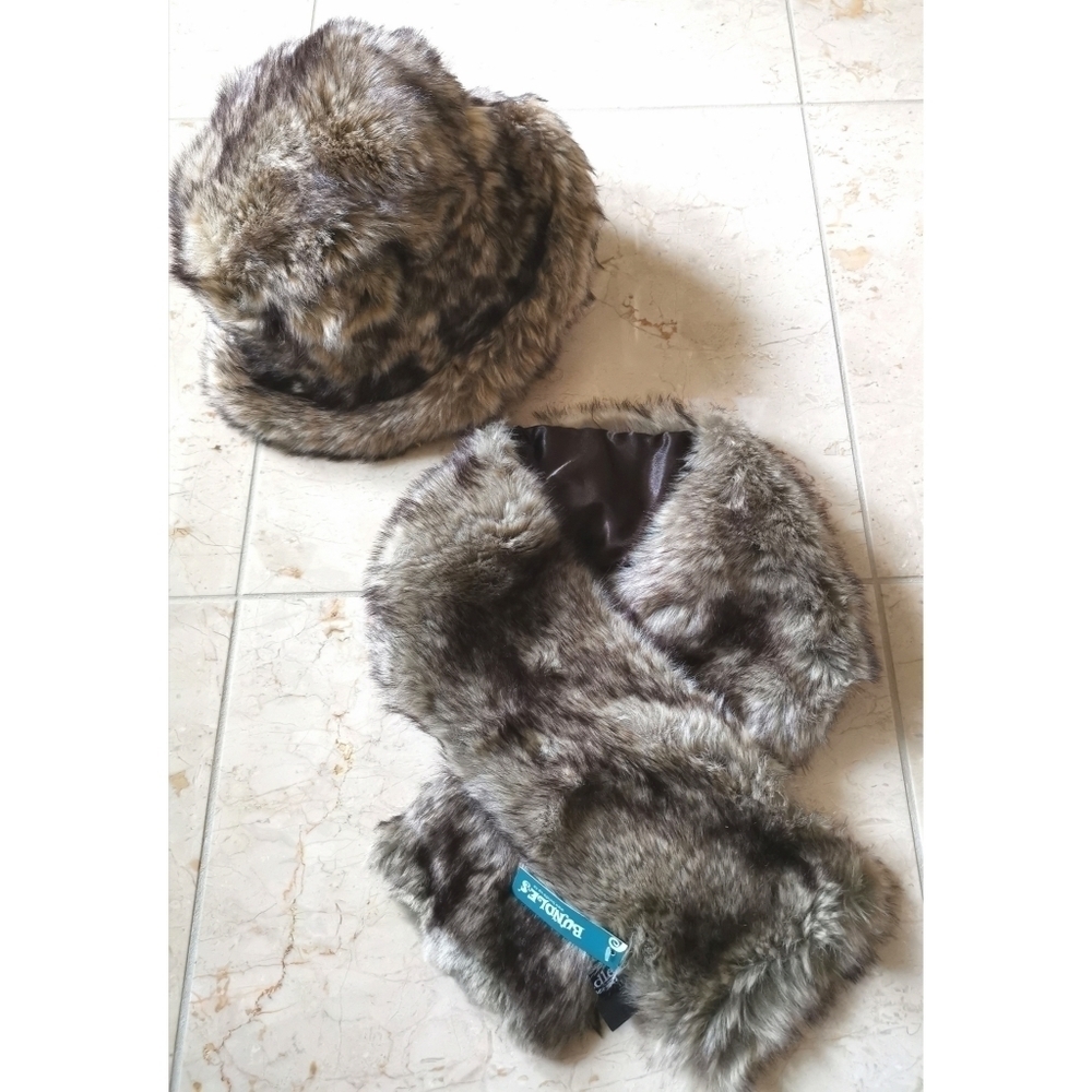 Nwt Faux fur hat and collar scarf set brown